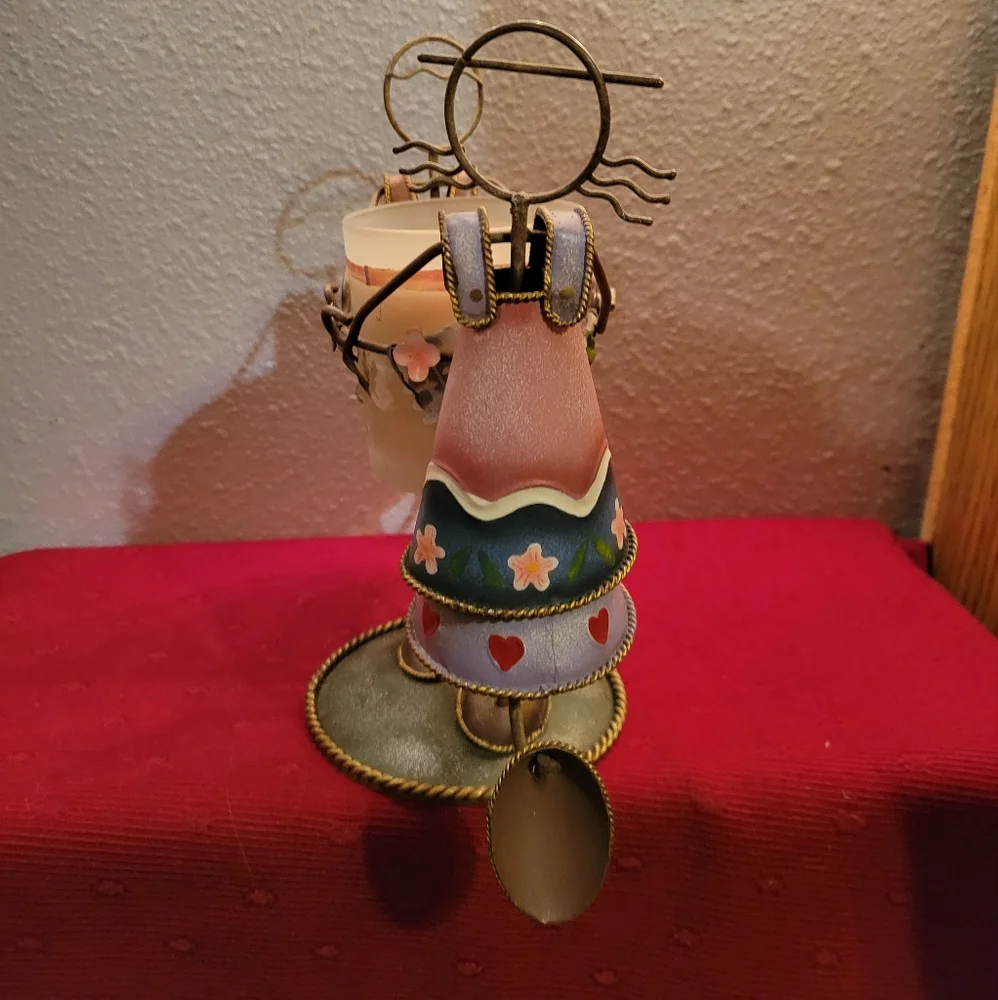 Vtg Candle Holder Metal Art Hand Painted Cone Shaped Man Woman Flowers Hearts